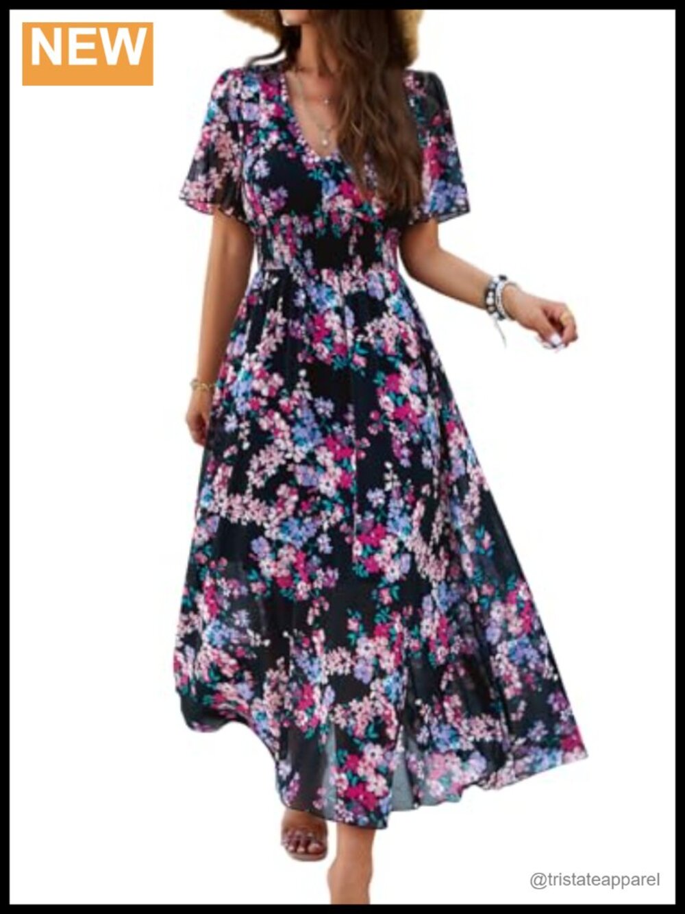 Women's Floral Chiffon Maxi Dress V Neck Empire Waist Wedding Guest